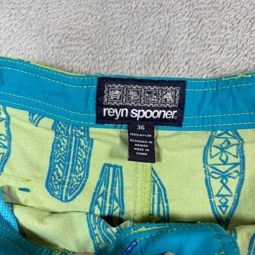 Reyn Spooner Board Shorts Men 36 Green AOP Surfboard Print Beachwear Surf Summer